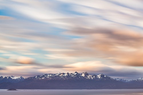 Argentina Travel Landscape Photography Andes Mountain Range in Chile seen from Ushuaia the southern most city in the world Tierra del Fuego Patagonia Argentina background with copy space South America