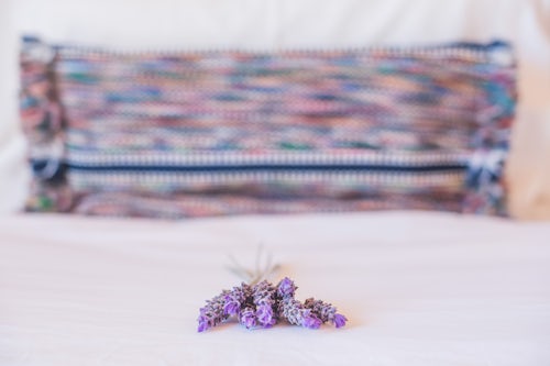 Argentina Travel Landscape Photography Luxury accommodation background with copy space showing Lavender on pillow at a luxurious boutique hotel with beautiful details in the bedroom South America