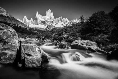 Argentina Travel Landscape Photography Mount Fitz Roy aka Cerro Chalten and waterfall seen on Lago de los Tres hike El Chalten Patagonia Argentina South America