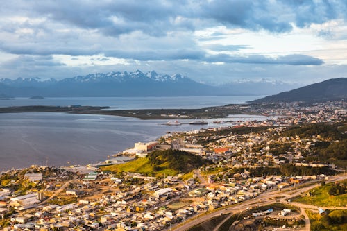 Argentina Travel Landscape Photography Sunrise view of Andes Mountains and Ushuaia cityscape the southern most city in the world Tierra del Fuego Patagonia Argentina South America