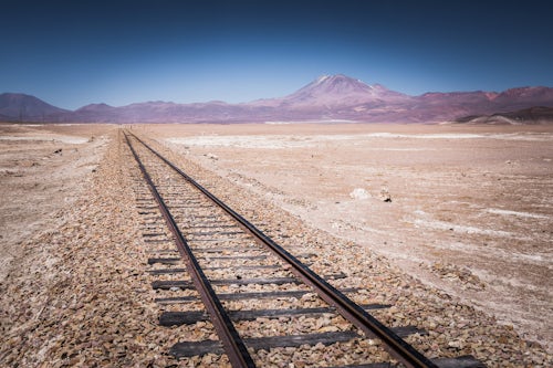 Bolivia Travel Landscape Photography Old train tracks used by mining industry to carry goods through Bolivian Altiplano from Bolivia to Chile South America