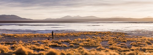 Bolivia Travel Landscape Photography Photographer taking a photo at sunrise at Chalviri Salt Flats Salar de Chalviri Altiplano of Bolivia South America