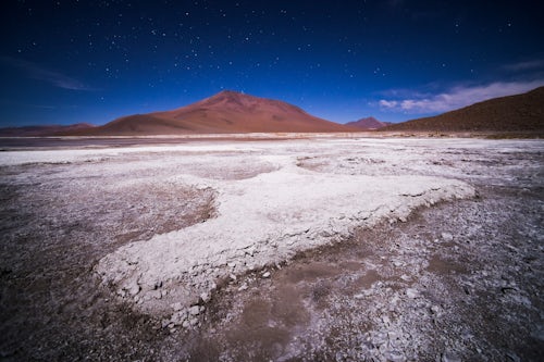 Bolivia Travel Landscape Photography Stars over Chalviri Salt Flats at night aka Salar de Chalviri Altiplano of Bolivia in Eduardo Avaroa National Reserve of Andean Fauna South America