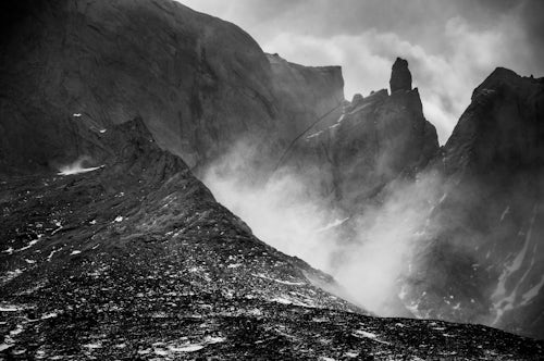 Chile Travel Landscape Photography Mountains in Torres del Paine National Park being battered by strong winds Patagonia Chile South America