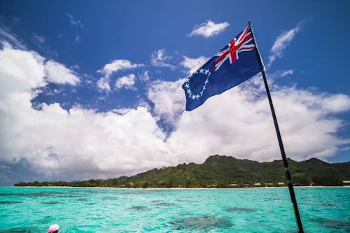 Cook Islands Landscape Travel Photography Rarotonga and the Cook Islands flag seen from Muri Lagoon Rarotonga Cook Islands