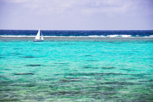 Cook Islands Landscape Travel Photography Sailing holiday on summer vacation to the tropical island of Rarotonga in the perfect crystal clear blue water of Muri Lagoon Pacific Ocean background with copy space