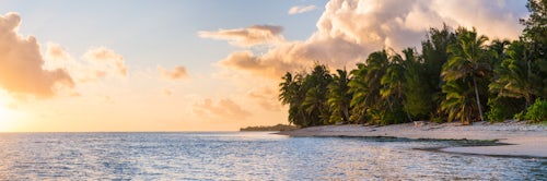 Cook Islands Landscape Travel Photography Tropical sandy beach at sunset with palm trees and dramatic clouds at sunset in the sky Rarotonga Cook Islands background with copy space