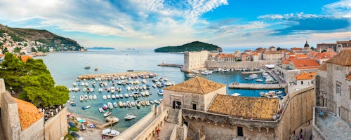 Croatia Travel Photography Panoramic photo of Dubrovnik Old Town Harbor from Dubrovnik city walls Dalmatia Croatia
