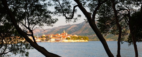 Croatia Travel Photography Panoramic photo of Korcula Town at sunrise Korcula Island Dalmatian Coast Croatia