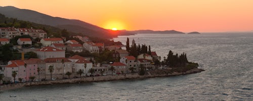 Croatia Travel Photography Panoramic photo of Korcula Town at sunset elevated view from St Marks Cathedral bell tower Korcula Island Croatia 2
