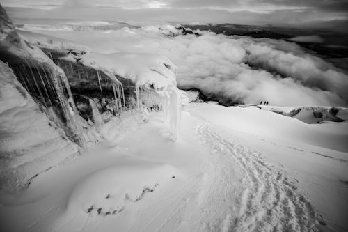Ecuador Travel Photography Black and white photo of Ice formations and icicles on Cotopaxi Volcano Cotopaxi Province Ecuador South America