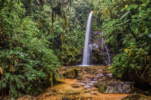 Ecuador Travel Photography Waterfall San Vincente in an area of jungle called Mashpi Cloud Forest in the Choco Rainforest Ecuador South America