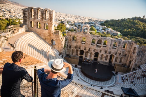 Greece Travel Photography Tourists at Odeon of Herodes Atticus Theatre by the Acropolis Athens Attica Region Greece