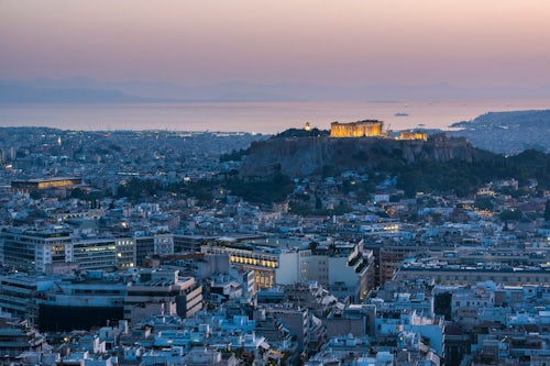 Greece Travel Photography View over Athens and The Acropolis at sunset from Likavitos Hill Attica Region Greece