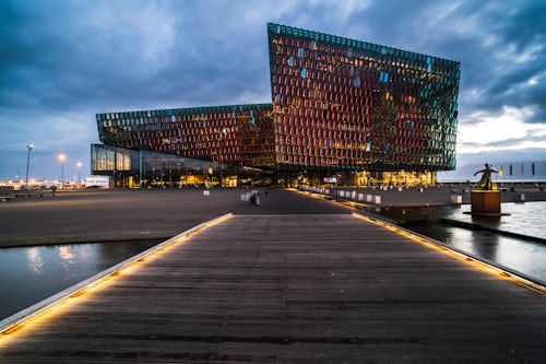 Iceland Travel Photography Harpa Concert Hall and Conference Centre at night Reykjavik Iceland