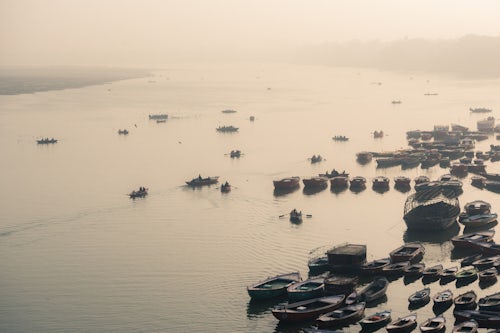 India Landscape Photography Boats on the River Ganges at sunrise Varanasi Uttar Pradesh India
