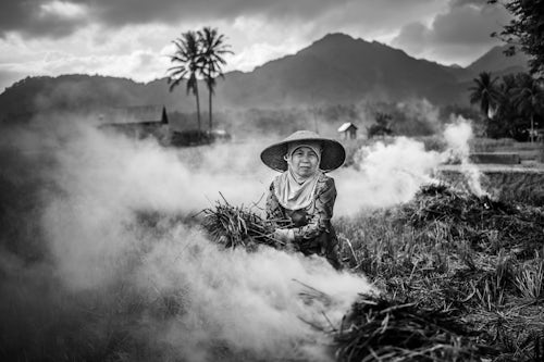 Indonesia Travel Portrait Photography Farmer burning crops in rice paddy fields Bukittinggi West Sumatra Indonesia Asia