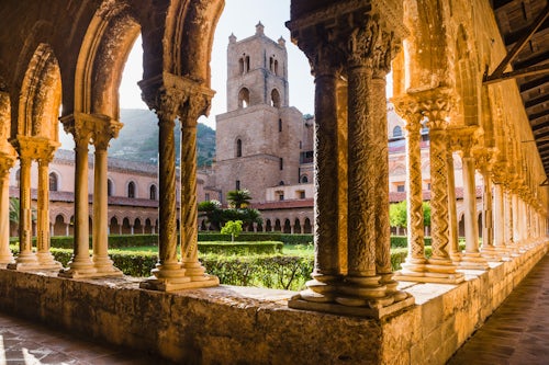 Italy Sicily Travel Photography Duomo di Monreale at sunset Monreale Cathedral courtyard gardens Monreale near Palermo Sicily Italy Europe
