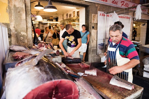 Italy Sicily Travel Photography Fishmonger at Ortigia Market Syracuse Siracusa Sicily Italy Europe