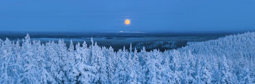 Lapland Finland Landscape Photography Super moon full moon landscape of snow covered trees forest and remote winter wilderness in Lapland Pallas Yllästunturi National Park Finland Arctic Circle Europe 2