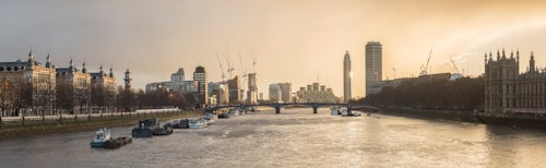 London Travel Photography View along River Thames at Sunset from Westminster Bridge towards Vauxhall London England
