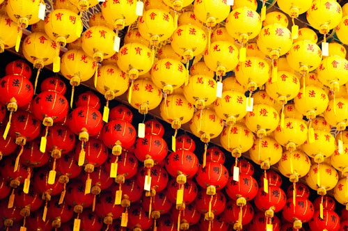 Malaysia Travel Photography Background Photo of Brightly Coloured Yellow and Red Chinese Lanterns at Kek Lok Si Temple Penang Malaysia Southeast Asia