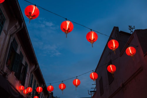 Malaysia Kuala Lumpur Travel Photography Chinese lanterns on a street in Chinatown at night Kuala Lumpur Malaysia Southeast Asia