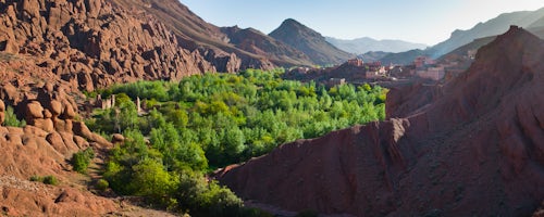 Morocco Travel Landscape Photography Panoramic photo of a typical Moroccan desert town in the Dades Valley Dades Gorge Morocco North Africa Africa