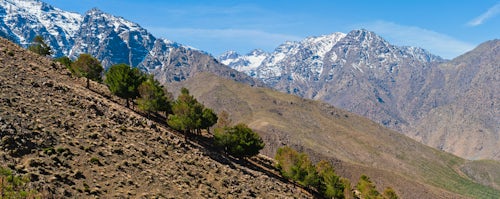 Morocco Travel Landscape Photography Panoramic photo of mountain scenery in the Imlil valley seen from Tizi n Tamatert High Atlas Mountains Morocco North Africa Africa