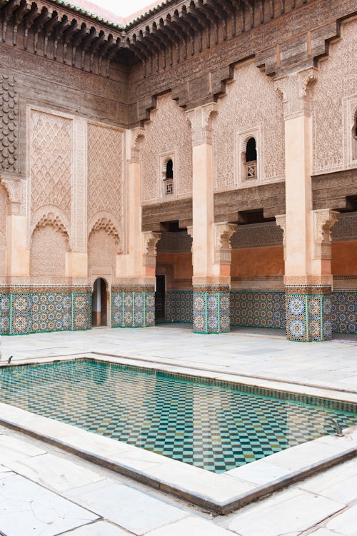 Morocco Travel Photography Central courtyard of Medersa Ben Youssef the old Islamic school Marrakech Marrakesh old Medina Morocco North Africa Africa