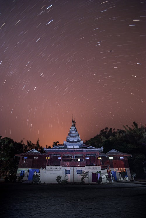 Myanmar Burma Travel Photography Buddhist Monastery under stars at night between Inle Lake and Kalaw Shan State Myanmar Burma