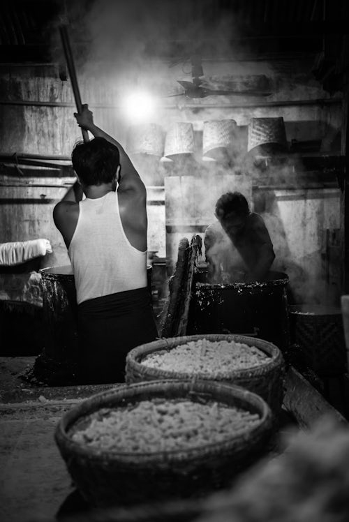 Myanmar Burma Travel Photography Making noodles in a noodle factory at night in Hsipaw Thibaw Shan State Myanmar Burma 2