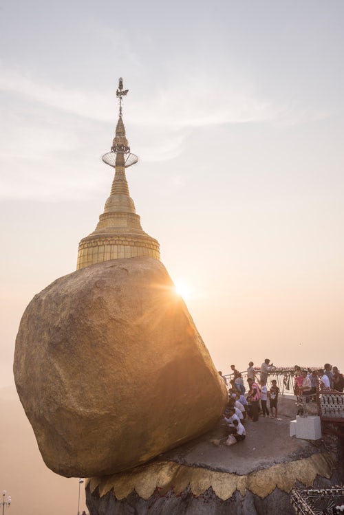 Myanmar Burma Travel Photography Pilgrims at Golden Rock Stupa Kyaiktiyo Pagoda at sunset Mon State Myanmar Burma