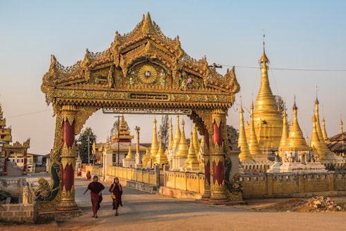 Myanmar Burma Travel Photography Street scene with Buddhist monk Pindaya Shan State Myanmar Burma