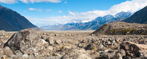 New Zealand Landscape Photography Panoramic Photo of Rugged Mountain Scenery and Snow Capped Mountains at Aoraki Mount Cook National Park South Island New Zealand