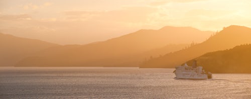 New Zealand Travel Photography Panoramic Photo at Sunset of the Interislander Ferry Between Picton South Island and Wellington North Island New Zealand