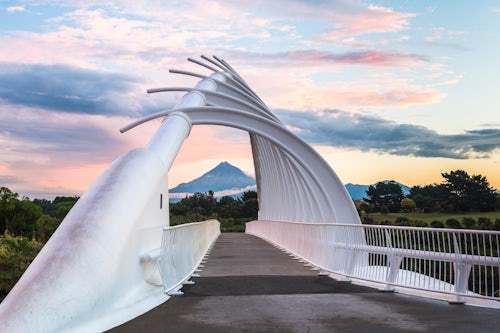 New Zealand Landscape Architecture Photography Te Rewa Rewa Bridge at sunset with Mount Taranaki Mount Egmont behind Taranaki Region North Island New Zealand