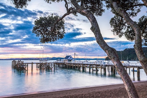 New Zealand Landscape Travel Photography Russell Pier and Pohutukawa Tree at sunset Bay of Islands Northland Region North Island New Zealand