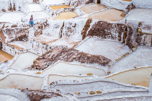 Peru Travel Photography Worker at Salt pans Salinas de Maras Maras near Cusco Cuzco Peru South America