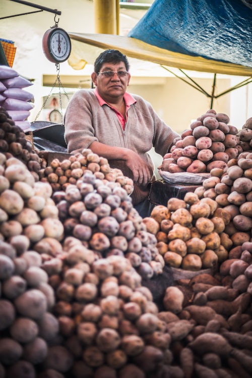 Peru Travel Portrait Photography Documentary Portraiture Portrait of potato vendor at his market stall at San Camilo Market Mercado San Camilo Arequipa Peru South America