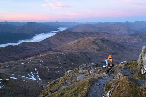 Scotland Hiking Adventure Photography Hiking Ben Lomond 974m summit at sunset in the mountains of Loch Lomond and the Trossachs National Park Scottish Highlands Scotland United Kingdom Europe