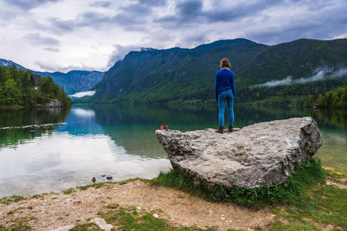 Slovenia Landscape Photography Tourist visiting Lake Bohinj Triglav National Park Julian Alps Slovenia Europe