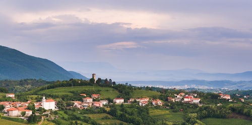 Slovenia Landscape Photography Vineyards and the hill top town of Kojsko Goriska Brda Gorizia Hills in Brda the wine region of Slovenia Europe