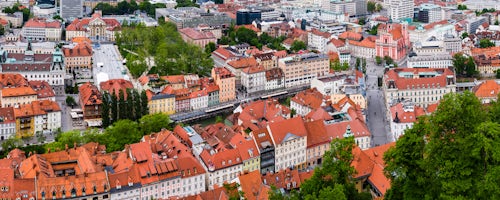 Slovenia Travel Photography Aerial view of Ljubljana Old Town and Franciscan Church of the Annunciation seen from Ljubljana Castle Slovenia Europe