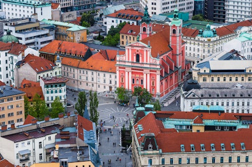 Slovenia Travel Photography Franciscan Church of the Annunciation in Preseren Square seen from Ljubljana Castle in Ljubljana Old Town Slovenia Europe