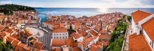 Slovenia Travel Photography Piran panorama Slovenia Tartini Square left and Church of St George right seen from Church of St George bell tower Slovenia Europe