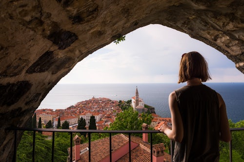 Slovenia Travel Photography Tourist on Piran Town Walls Slovenian Istria Slovenia Europe