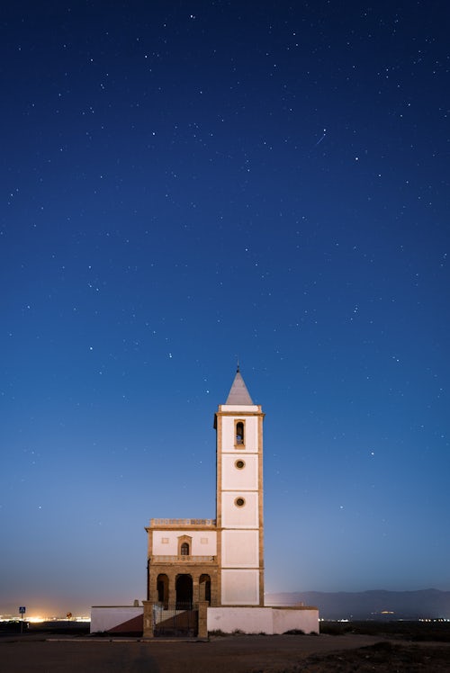 Spain Landscape Photography Church under stars at night Cabo de Gata Nijar Natural Park Andalucia Almeria Spain Europe background with copy space