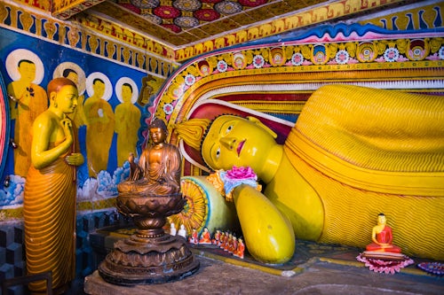 Sri Lanka Travel Photography Golden reclining Buddha at Temple of the Tooth Temple of the Sacred Tooth Relic in Kandy Sri Lanka Asia