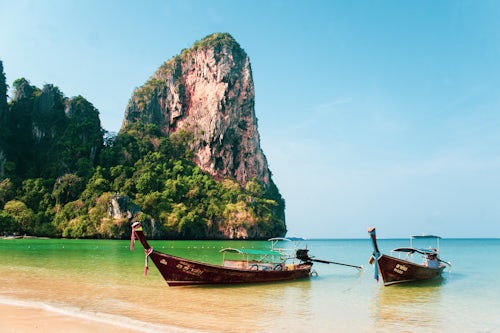 Thailand Beach Seascape Travel Landscape Photography Long Tail Boats on Koh Phi Phi South Thailand Southeast Asia